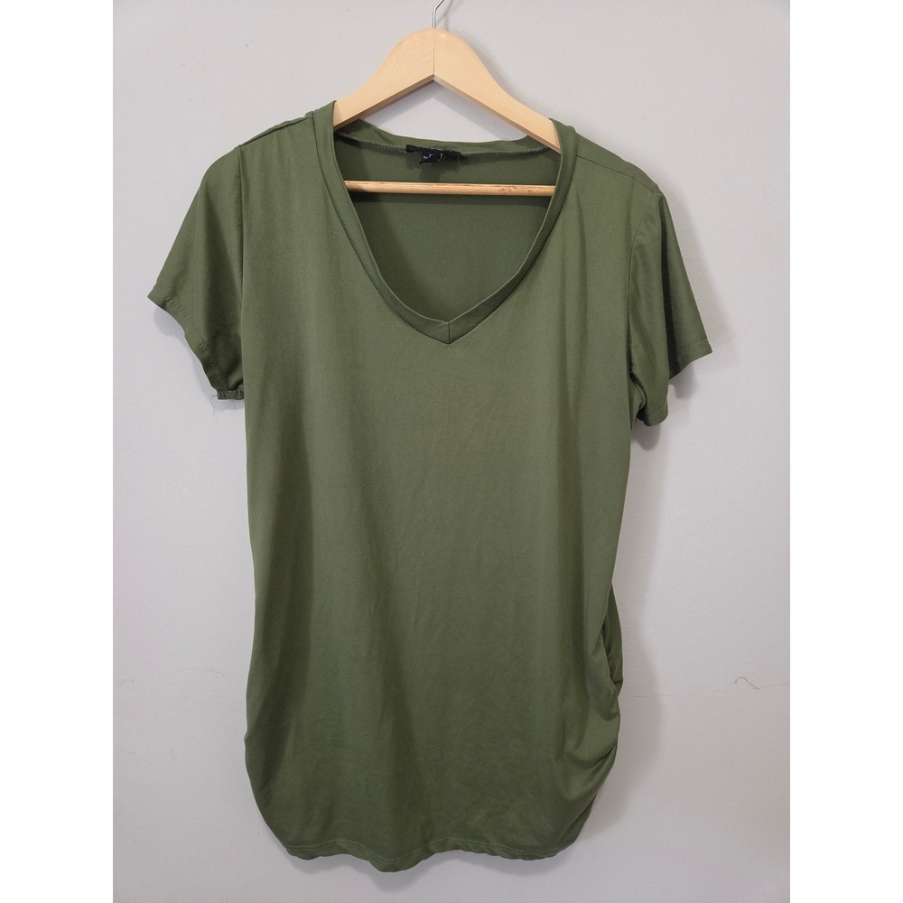 Rouge Collection Womens 2X Olive Green V-Neck Ruched Side Short Sleeve Top